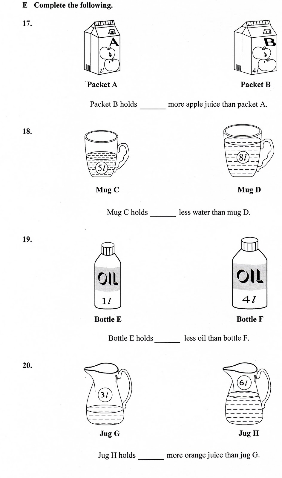 mathematics year 2 volume of liquid year 2 units 10