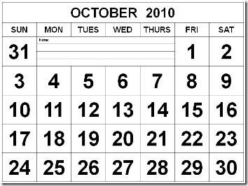 O1 Free October 2010 Calendar Black and White