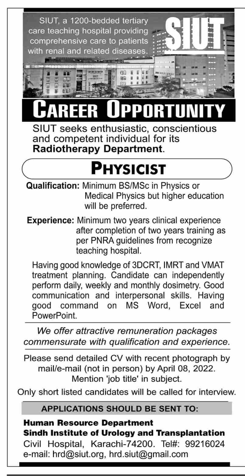 Latest Sindh Institute of Urology and Transplantation SIUT Management Posts Karachi 2022