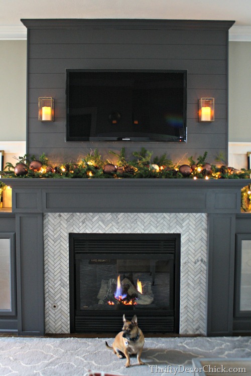 gray fireplace and built ins