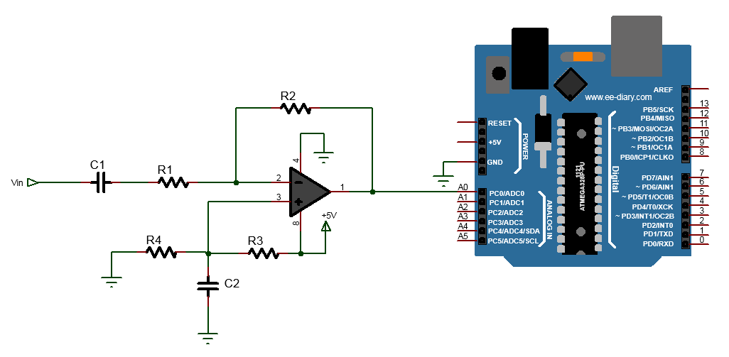 ac coupled inverting op-amp Arduino input