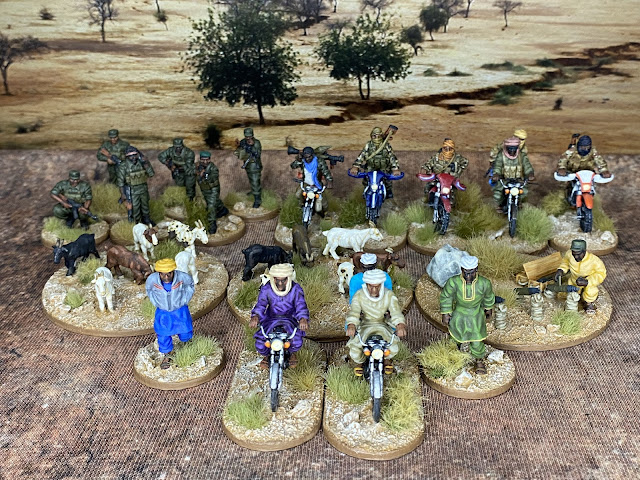 28mm modern African figures for Mali/the Sahel from Eureka, Miska, and Combat Octopus miniatures for Spectre, Bolt Action Modern, and Zona Alpha