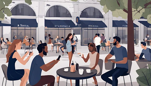 "People using AR technology in a café, interacting with virtual characters and engaging in collaborative gameplay."