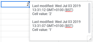 Screenshot of cell with Note showing edit history