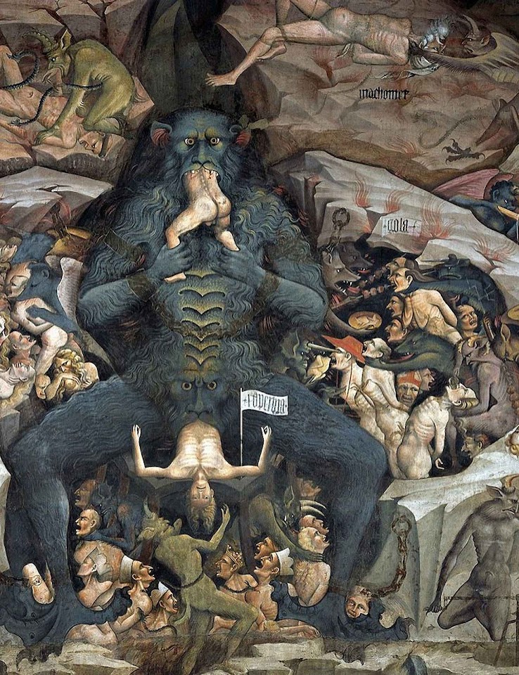 Maomé no inferno (acima na direita). Giovanni di Pietro Falloppi, ou da Modena (1379 – 1455), Cappella Bolognini.