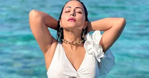 hina khan white bikini swimsuit cleavage sexy legs