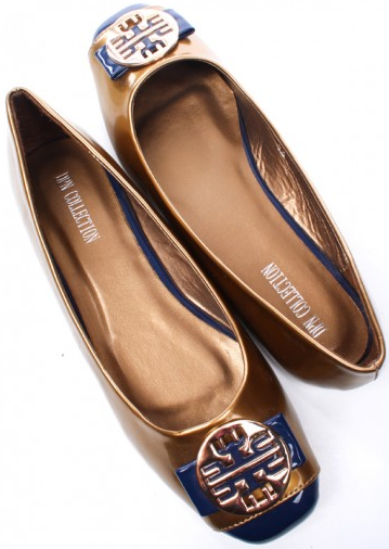 GOLD PATENT FAUX LEATHER MEDALLION ROUND TOE BALLET FLATS