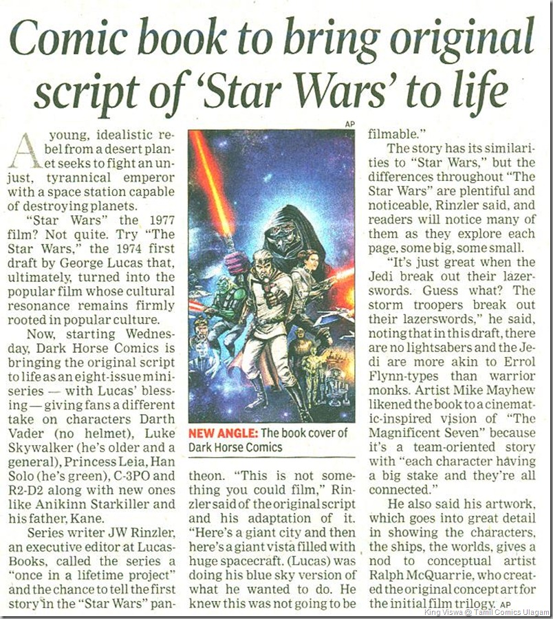 The Times of India Chennai Editon Dated 5th Sept 2013 Page No 15 Star Wars Comics