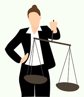A simple block colour image of a woman in a suit holding a set of free-swinging scales, the pans of the scales being empty.