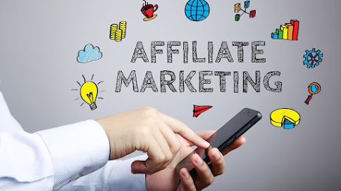 Affiliate marketing sign and symbols projected from a smartphone.