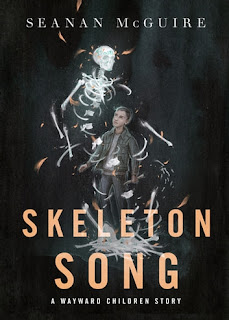 over for book "Skeleton Song" by Seanan McGuire. A boy stands looking upwards, where a skeleton is dissolving around him, its bones dancing and whirling past him to pile up at his feet.