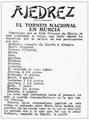 Información sobre e I Torneo Nacional de Ajedrez de Murcia 1927 en Mundo Deportivo, 22 de abril de 1927