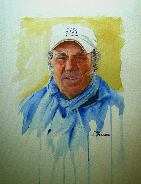 Acuarela 40x30 cms. Su cara me resultaba familiar y le dije que le iba a hacer un retrato. El Manué es un gitano del Tiro de Línea, que anda mucho por Triana, después de hacerle el retrato descubrí que lo conocía desde niño. ﻿