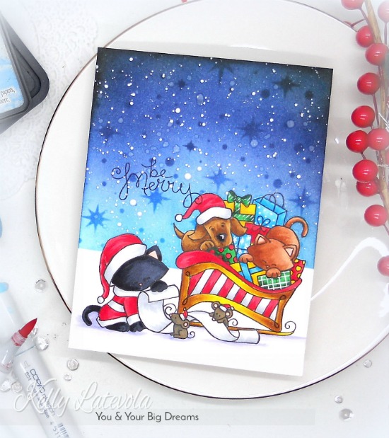 Be Merry Card by November Guest Designer Kelly Latelova | Christmas Delivery and Santa Paws Newton Stamp Sets by Newton's Nook Designs #newtonsnook