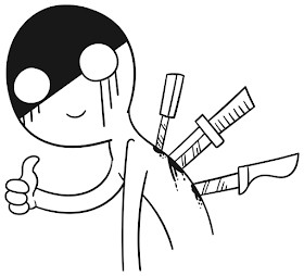 A cartoon image of a person making a 'thumbs-up' gesture despite having several knives sticking into his back.