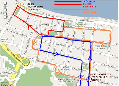 Mapa do Centro de Santos com as linhas de bonde e de trólebus - Foto de Emilio Pechini em 17/09/2008