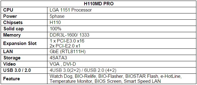 BIOSTAR H110MD PRO Motherboard Specs