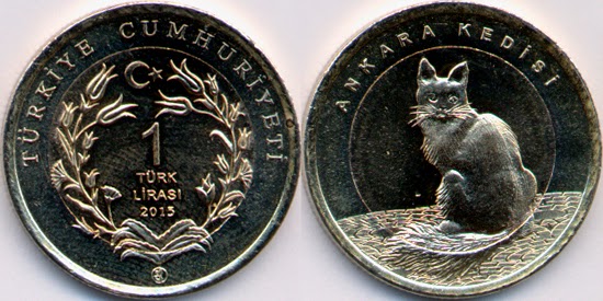 A photo of a 1 Turkish Lira coin featuring the image of an Ankara Cat on one side and the denomination on the other side
