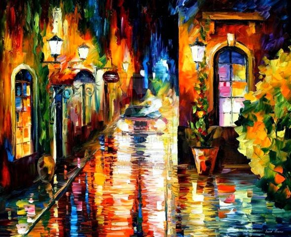 Leonid Afremov pinturas a óleo impressionista chuva outono noite cidade