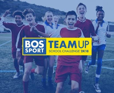 Children running with Bos Sport branded Team Up school Challenge 2K18 logo