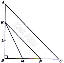 Segitiga siku-siku sama kaki ABC dengan sisi AB dan BC terbagi tiga bagian yang sama di titik K, L, M, N, soal matematika dasar TKPA SBMPTN 2017 no. 48