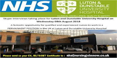 Free Recruitment to Luton and dunstable University Hospital-UK - Skype Interview on 08th August 2018