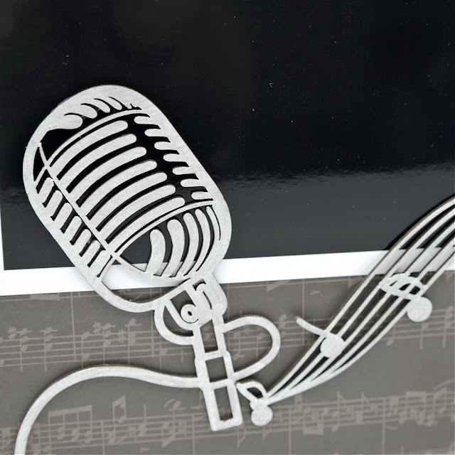 Chipboard Microphone and Music Staff Painted Metallic Silver on a Scrapbook Layout