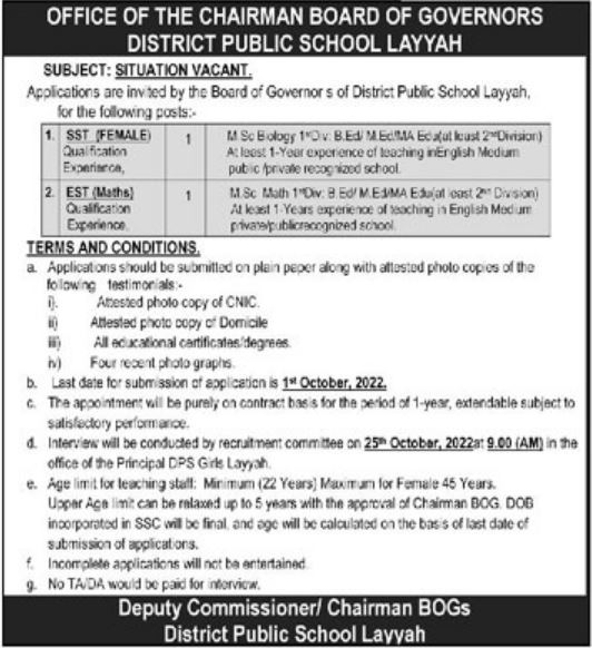 Latest District Public School Teaching Posts Layyah 2022