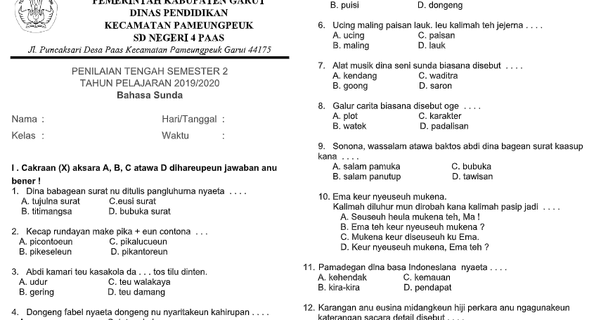 Soal UTS /PTS Bahasa Sunda Kls 5 Semester 2 K13 Tahun 2020  File Guru Now