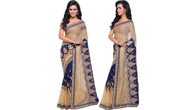 Rola Trendz Embroidered, Self Design, Solid Fashion Georgette, Net Saree  (Dark Blue, Beige)