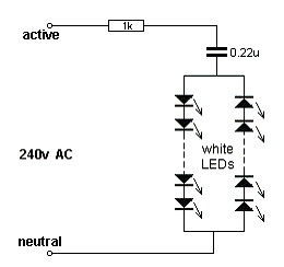  Saya tidak suka sirkuit terhubung langsung ke listrik 240V. Namun lampu ikal Natal (bola) telah terhubung langsung ke listrik selama 30 tahun tanpa masalah besar. Isolasi harus disediakan dan lampu (LED) harus jauh dari mencongkel jari. Anda memerlukan setidaknya 50 LED di setiap string untuk mencegah mereka yang rusak melalui lonjakan melalui resistor 1k - jika rangkaian diaktifkan pada puncak gelombang. Ketika Anda menambahkan lebih banyak LED untuk setiap string, saat ini