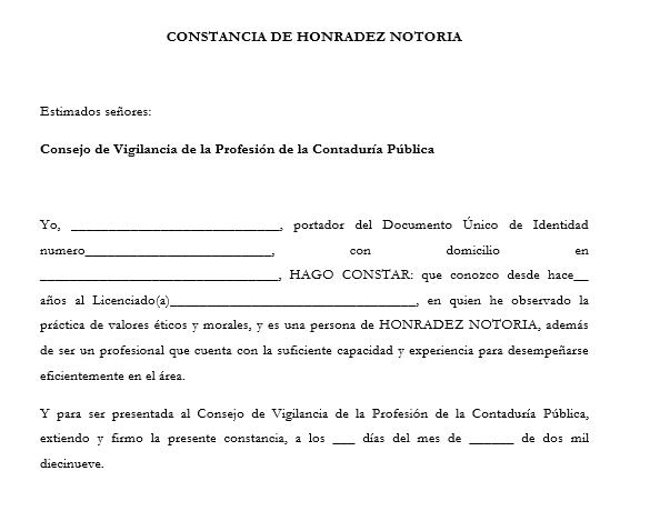 Modelo de Carta de Honradez Notoria para presentar ante el Consejo de Vigilancia de la Profesión de la Contaduría Pública y Auditoría