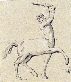 Drawing of horse with man's head and torso, waving a club