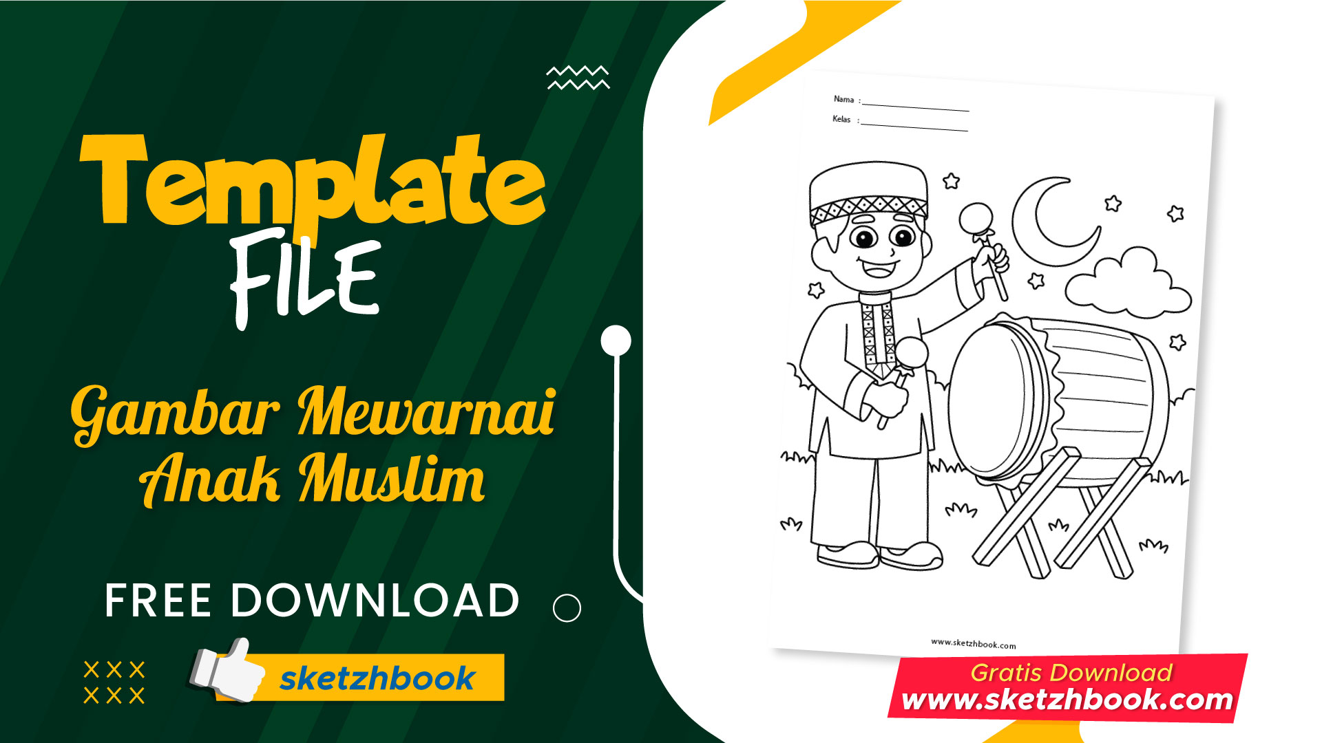 Template File Gambar Mewarnai Anak Muslim Memukul Beduk