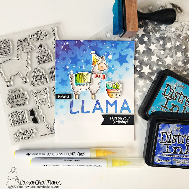 Llama Birthday Fun Card by Samantha Mann | Loveable Llamas Stamp Set, Cascading Stars Stencil and Essential Alphabet Die Set by Newton's Nook Designs