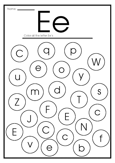 Find letter e worksheet -- printable ESL materials to teach English alphabet