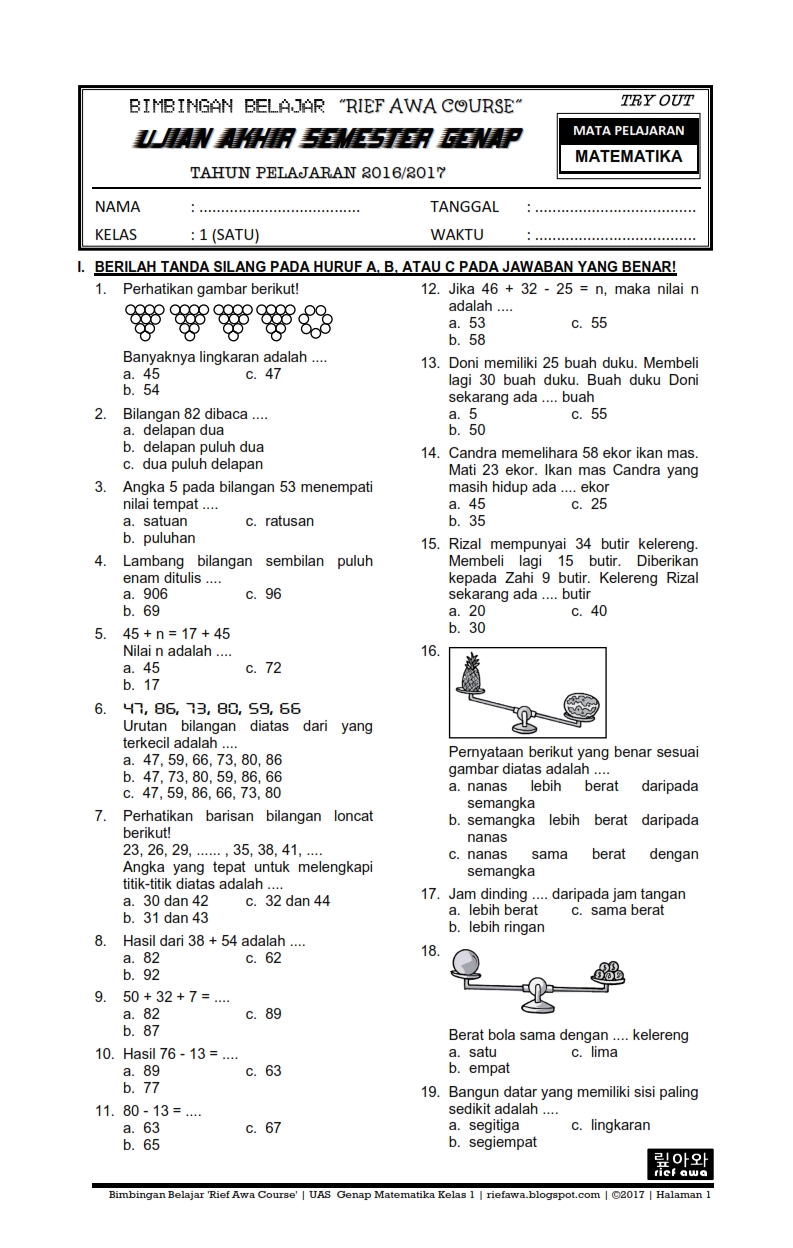 soal matematika kelas 1 sd semester 2 dan kunci jawaban wood scribd indo