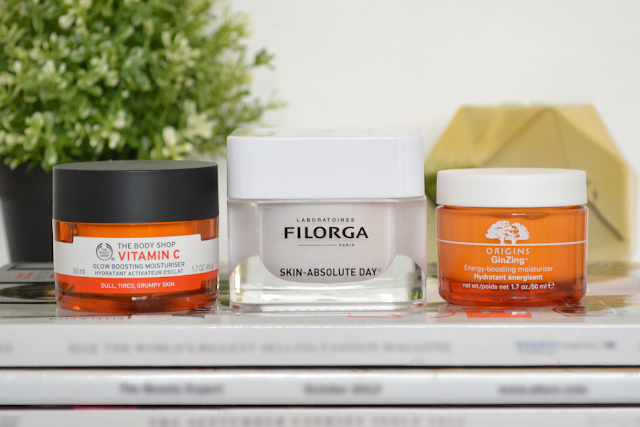 Filorga skin-absolute day cream, Origins GinZing energy boosting moisturizer, The Body Shop vitamin C glow boosting moisturiser, Skincare, Review