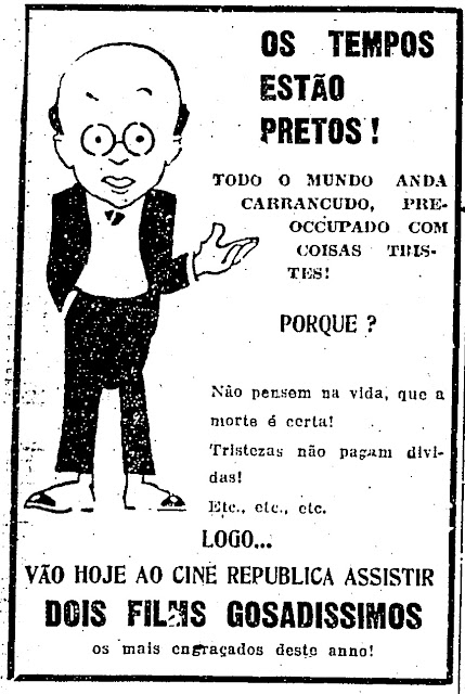 Propaganda do Cine República (SP) veiculada em 1930 com dois filmes de humor.