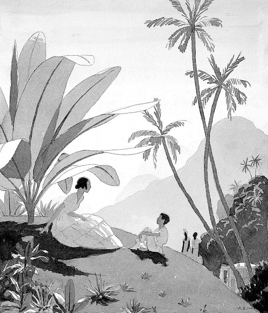 an André Edouard Marty illustration of a woman and boy talking under palms