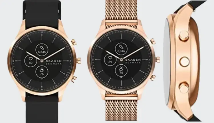 Picture of Skagen Jorn Gen 6 Hybrid Smartwatch in gold and black from the front and the side