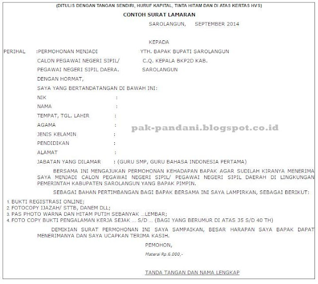 Contoh Format Surat Lamaran CPNS/CASN Kepada Pemerintahan 