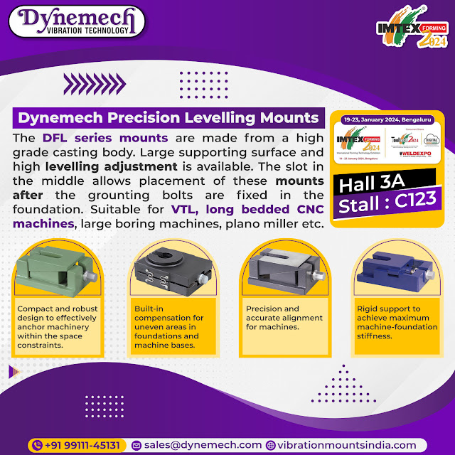 Precision levelling mounts on display at our booth during #IMTEX2024. Witness the debut of our world-class levelling pads and alignment technology. Exploring the future of vibration-free manufacturing at Dynemech's booth.