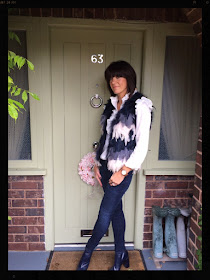My Midlife Fashion, Topshop Ombre Feather Gilet, H and M Ruffle Shirt, Zara block heel ankle boot, Jord Fieldcrest Zebra & Maple Watch
