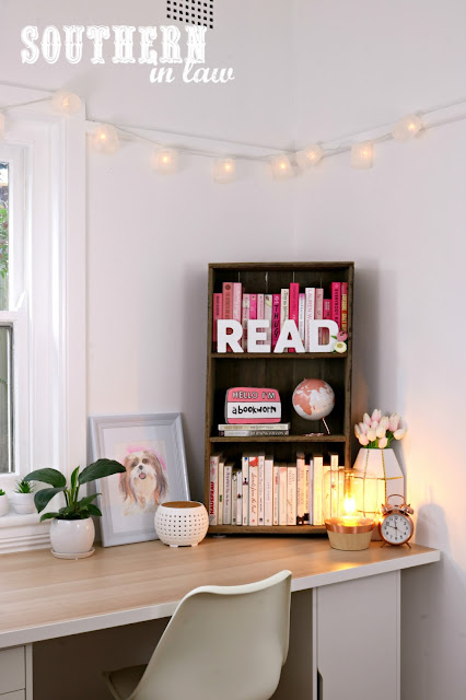 Cosy Winter Home Styling Inspiration – Pink and Grey Decor Theme for Bedroom, Living Room or Home Office on a Budget - DIY Pallet Wood Bookshelf with Pink and Rose Gold