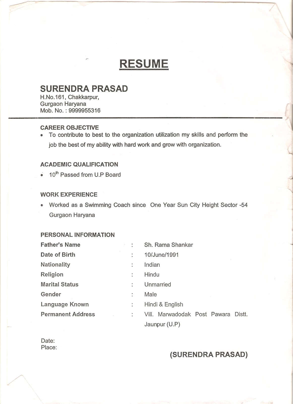 Resume Office Boy,Paintry,Receptionist Etc