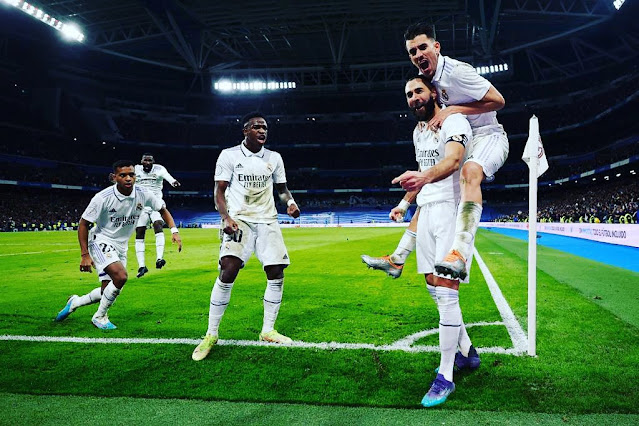 Real Madrid players celebrate a goal as they beat Atletico to secure semi-final spot in the copa del rey