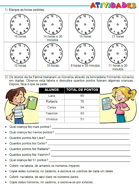 Atividades - Hora, Tabela, Dezena e Sequência - página 1