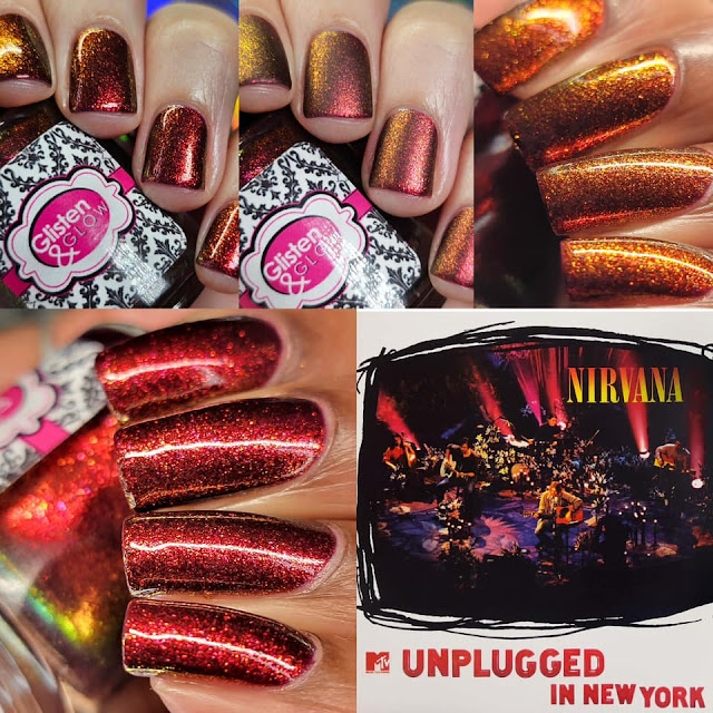 a collage of an album cover and sparkly red polish