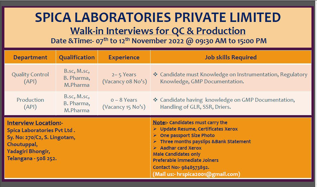 Job Availables, Spica Laboratories Pvt Ltd Walk-In Interview for BSc/ MSc/ B Pharm/ M Pharm